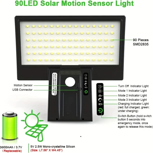 Solar Security Lights Solar Flood Lights Outdoor Waterproof with Motion Sensor 4 Modes 90 LEDs Wall Lights for Porch Yard Garden - Image 6