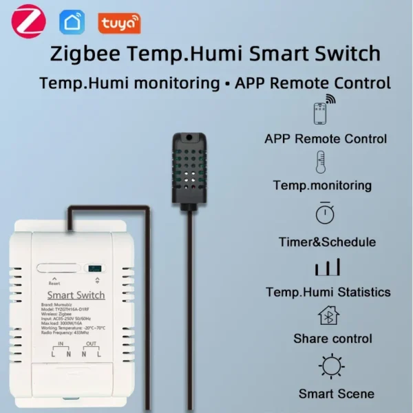 Mumubiz Tuya Zigbee Switch With Temperature Humidity Sensor ,Smart 16A 3000W Thermostat TH16 Data Monitoring Alexa Compatible - Image 10