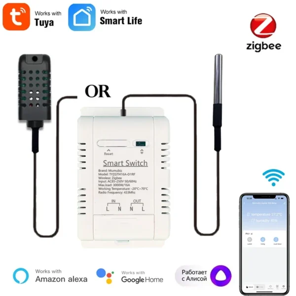 Mumubiz Tuya Zigbee Switch With Temperature Humidity Sensor ,Smart 16A 3000W Thermostat TH16 Data Monitoring Alexa Compatible