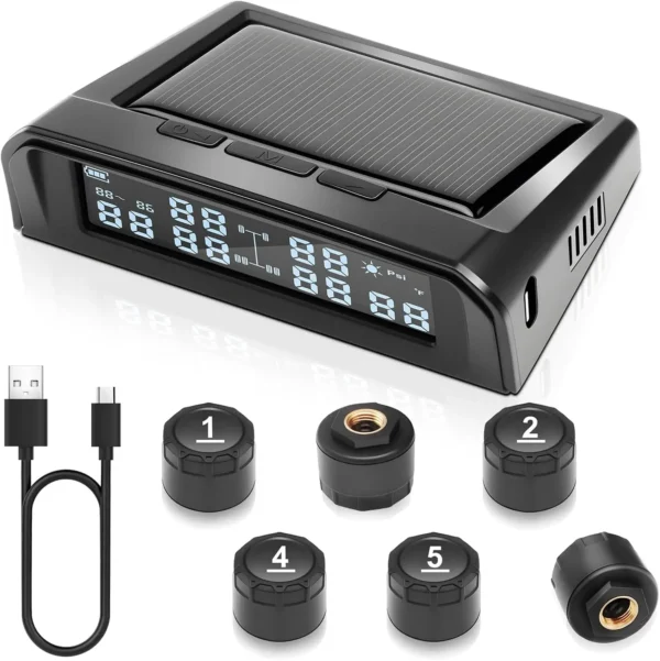 Tire Pressure Monitoring System, TPMS Wireless System with 6 Tire External Sensors & 6 Alarm Modes, LCD Display, Auto Sleep Mode