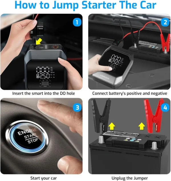 Car Jump Starter with Air Compressor (3.5L Gas / 4.0L Diesel) 12V Auto Battery Booster Pack Jump Box 1000A Peak Portable - Image 6