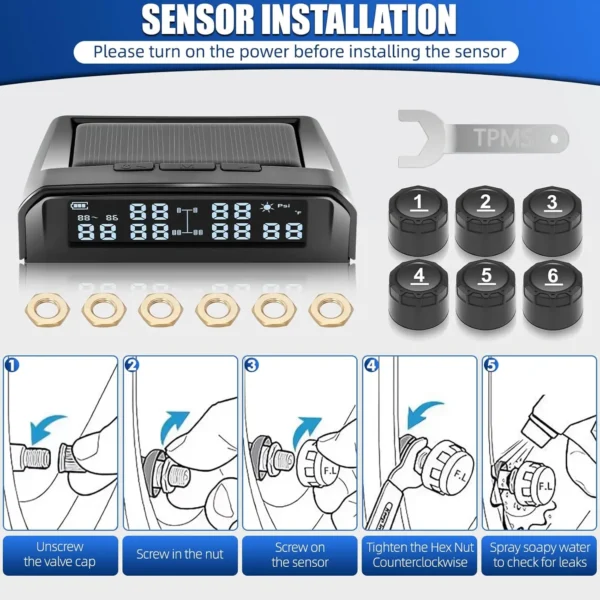 Tire Pressure Monitoring System, TPMS Wireless System with 6 Tire External Sensors & 6 Alarm Modes, LCD Display, Auto Sleep Mode - Image 2