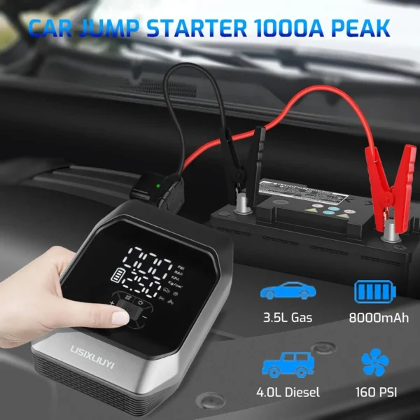 Car Jump Starter with Air Compressor (3.5L Gas / 4.0L Diesel) 12V Auto Battery Booster Pack Jump Box 1000A Peak Portable