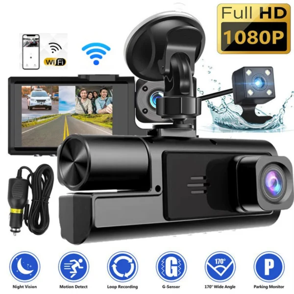 Dash Camera for Cars Car Camera 1080P Video Recorder with 3 Channel Lens Auto Monitor Smart Accessories for Driver Trip