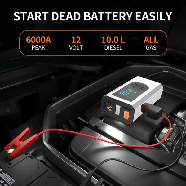 JKUOO5-in-1 Portable Car Jump Starter with 150PSI Air Compressor Power Bank Booster Automotive Tire Inflator Car Starting Device - Image 5