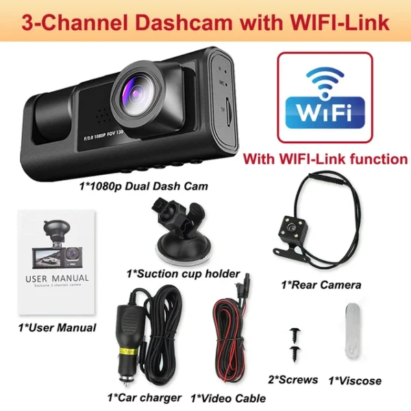 Dash Cam for Cars WIFI APP Car DVR 3 Channel Front Camera Video Recorder Rear View Camera for Vehicle Black Box Car Assecories - Image 7