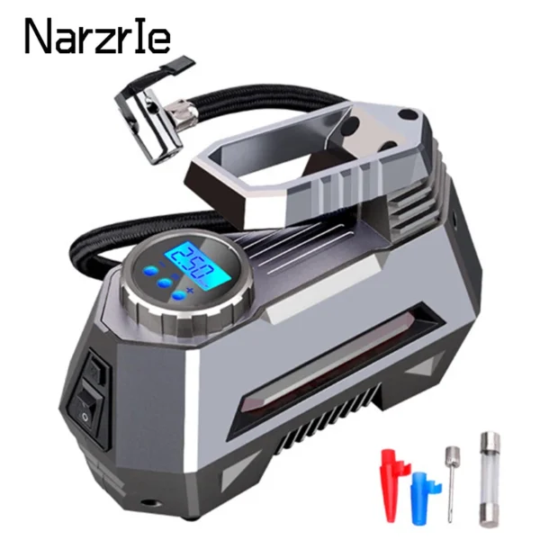 Portable Air Compressor Tire Inflator 150 Psi 12V DC Car Tire Pump With Digital/Pointer Pressure Gauge Auto Emergency Flashlight